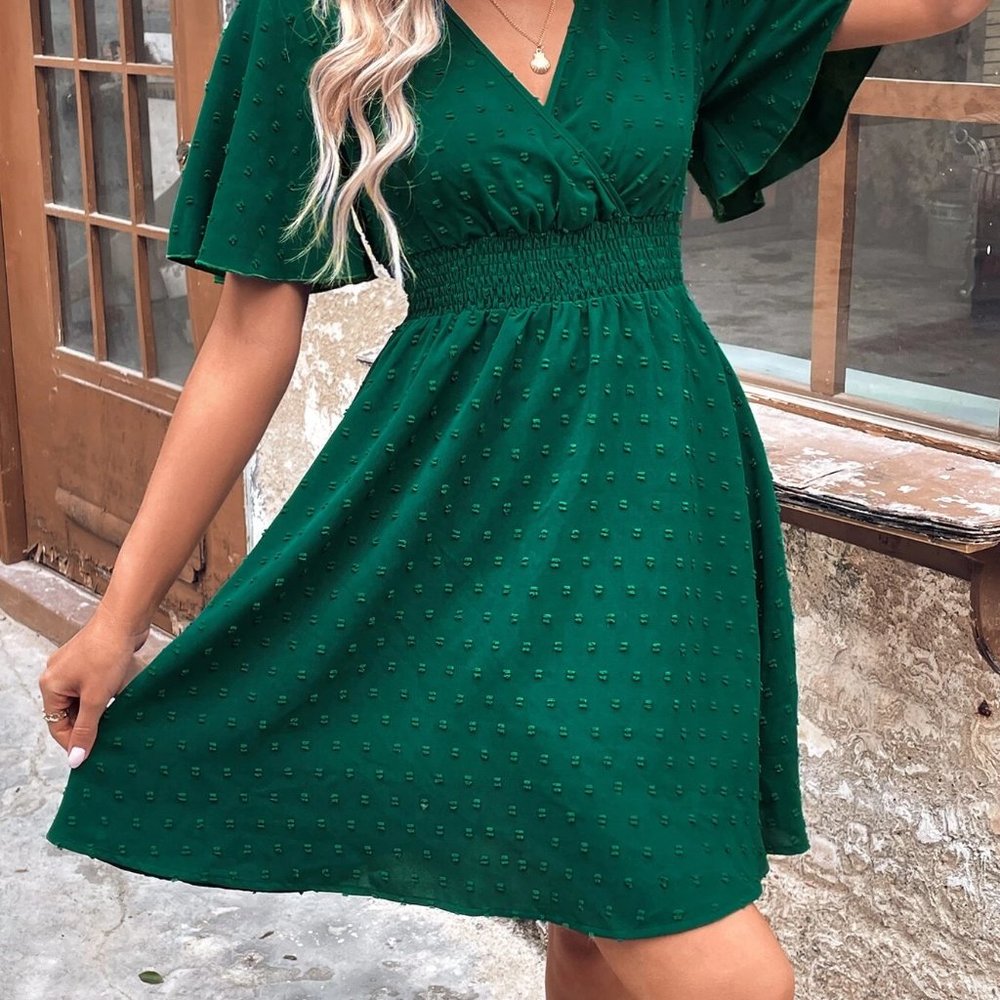 Green Womens Swiss Dot Butterfly Sleeve A-line mini Dress - Picture 5 of 5